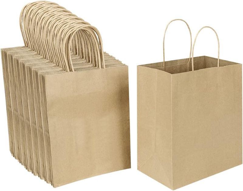 Photo 1 of 100 Pack 8x4.75x10 Inch Medium Plain Natural Paper Bags with Handles Bulk, Oikss Kraft Bags for Birthday Party Favors Grocery Retail Shopping Business Goody Craft Gift Bags Sacks (Brown 100 PCS Count)