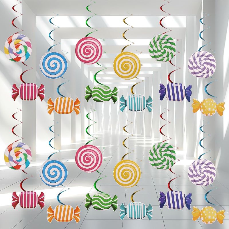 Photo 1 of 48pcs Candy Party Banner Decorations, 24 Candy Lollipop Ornament and 24 Candy Hanging Swirls Candyland Streamers Decorations for Candy Land Theme Birthday Party, Baby Shower Party