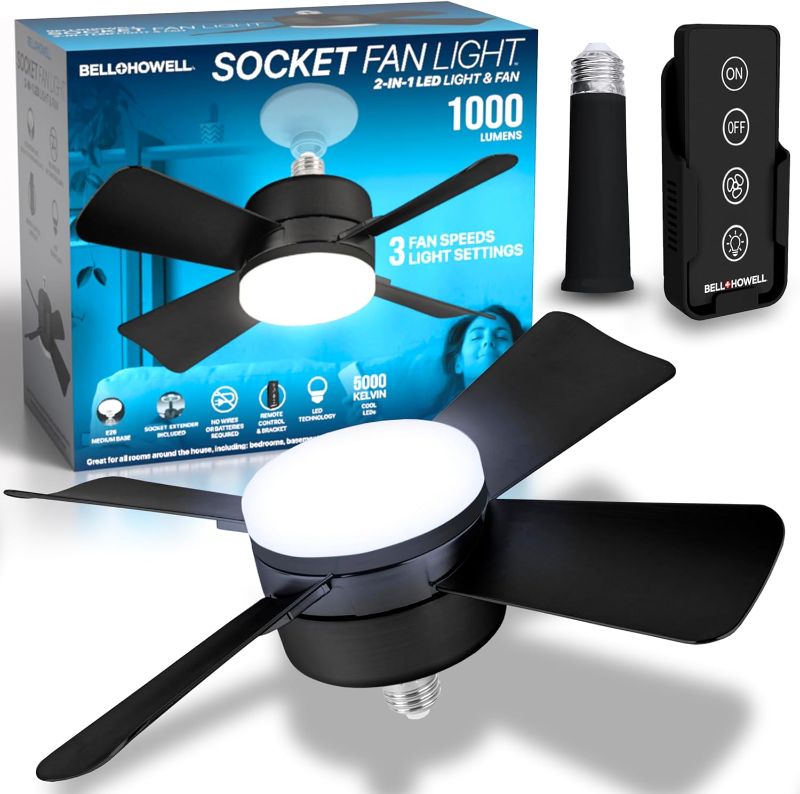 Photo 1 of Bell+Howell Socket Fan Cool Light Deluxe Black – Ceiling Fans with LED Lights and Remote Control, Replacement for Lightbulb - Bedroom, Kitchen, Living Room,1000 Lumens / 5000 Kelvins