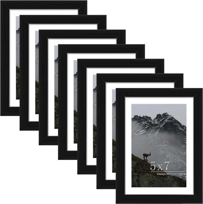 Photo 1 of  5x7 Picture Frame Set of 7, Display 5x7 with Mat or 4x6 Without Mat, Photo Frames for Wall Mounting or Table Top Display, Black.