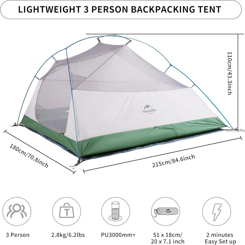 Photo 3 of (READ FULL POST) Naturehike Cloud-Up 3 Person Lightweight Backpacking Tent with Footprint - 3 Season Free Standing Dome Camping Hiking Waterproof Backpack Tents