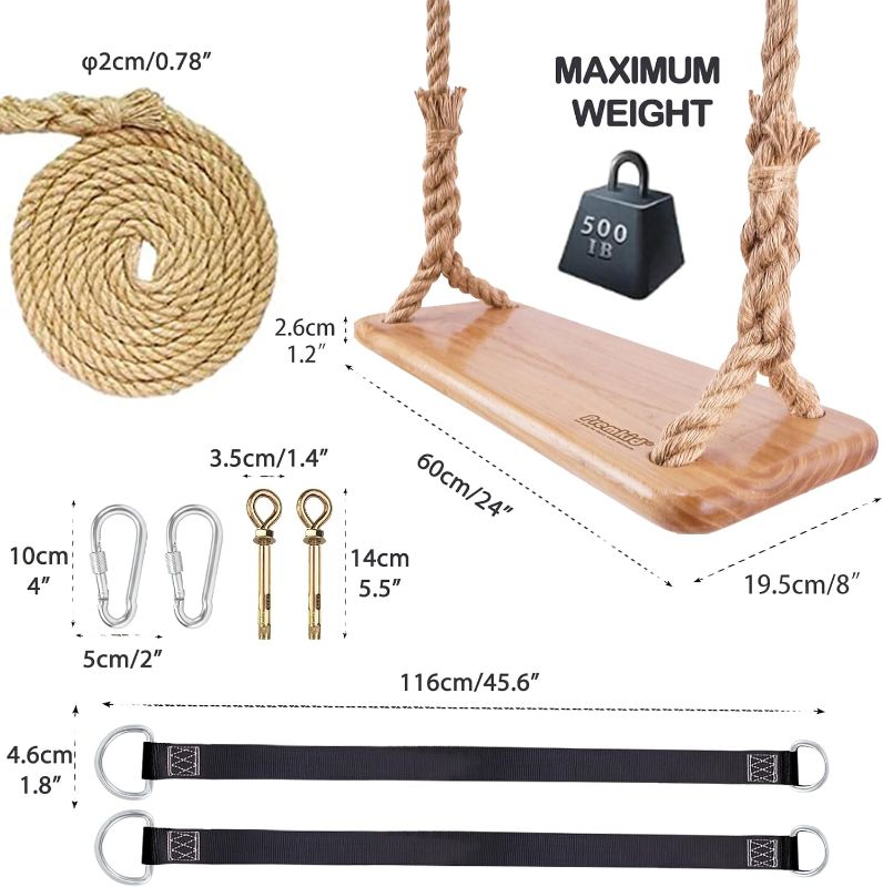 Photo 3 of (READ FULL POST) Hanging Wooden Swing, Swing Seat 24"x 8"x 1.2", Tree Swing for Adults Kids with 500lbs Load, Adjustable Hemp Rope Plus Tree Straps 147 inch, Outdoor Wood Swing, Indoor Room Swing, Swing Set
