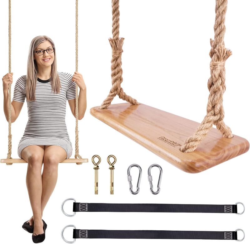 Photo 1 of (READ FULL POST) Hanging Wooden Swing, Swing Seat 24"x 8"x 1.2", Tree Swing for Adults Kids with 500lbs Load, Adjustable Hemp Rope Plus Tree Straps 147 inch, Outdoor Wood Swing, Indoor Room Swing, Swing Set
