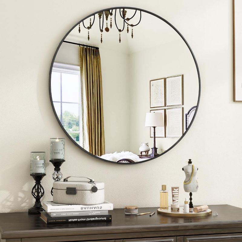 Photo 1 of Arched Wall Mirror, 24 x 36 inch Arch Bathroom Mirror, Wall Mounted Vanity Mirror with Arch Metal Frame, Modern Bathroom Vanity Mirror for Bedroom, Living Room, Hanging or Leaning, Black 24"x36" Black