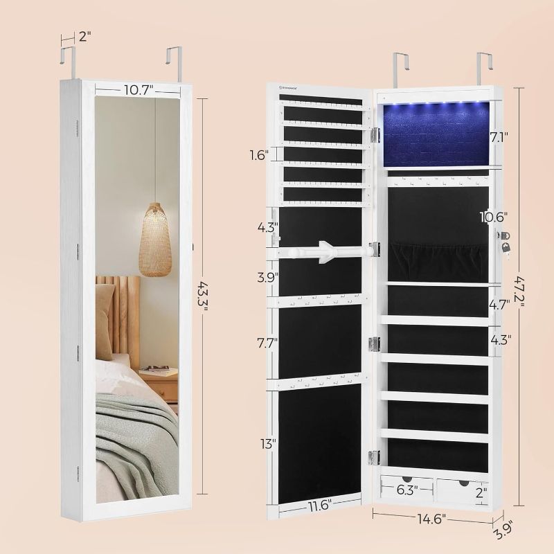 Photo 1 of (READ FULL POST) SONGMICS 6 LEDs Mirror Jewelry Cabinet, 47.2-Inch Tall Lockable Wall or Door Mounted Jewelry Armoire Organizer with Mirror, 2 Drawers, 3.9 x 14.6 x 47.2 Inches, White UJJC93W