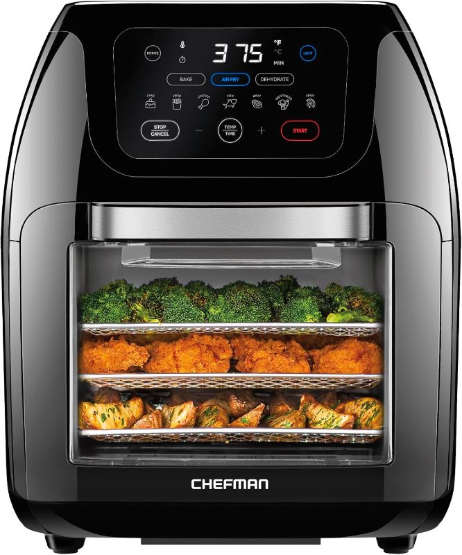 Photo 1 of ***USED - GIVES OFF ERROR - SEE PICTURES***
CHEFMAN Multifunctional Digital Air Fryer+ Rotisserie, Dehydrator, Convection Oven, 17 Touch Screen Presets Fry, Roast, Dehydrate, Bake, XL 10L Family Size, Auto Shutoff, Large Easy-View Window, Black