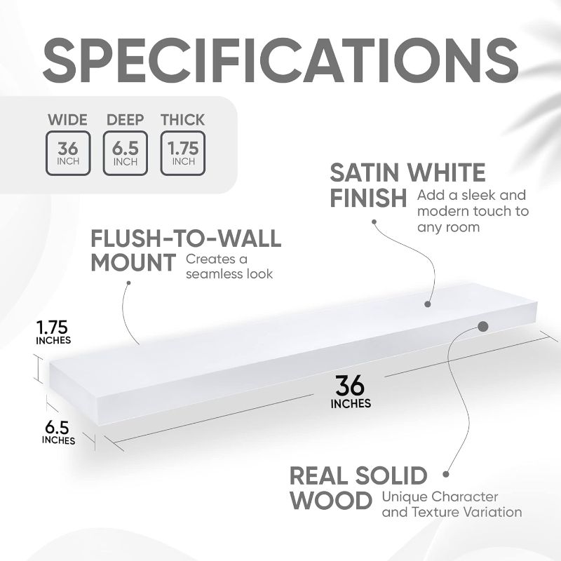 Photo 3 of (READ FULL POST) Homeforia White Floating Shelves 36 Inches Long, Premium Solid Wood, Long White Floating Shelves for Living Room, Heavy Duty Bracket, 36 x 6.5 x 1.75 inch, Set of 2
