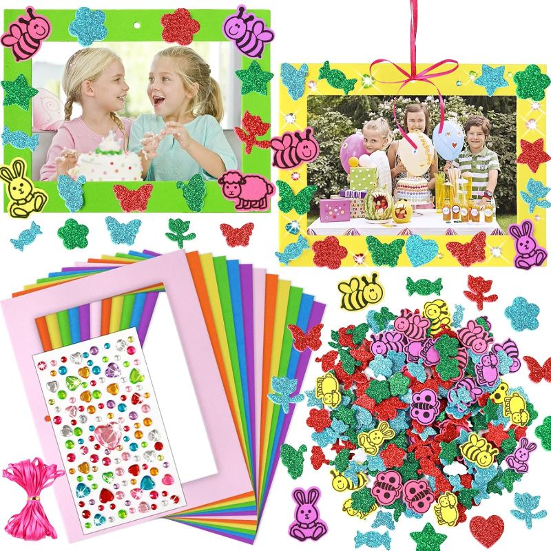 Photo 1 of 230 Pieces Spring DIY Picture Frames Craft Kit for Kids 30pcs Spring Photo Frames with 200 Flower Bee Butterfly Foam Stickers with Diamond Sticker and Ribbon for Mother Day Party Favor Home Classroom