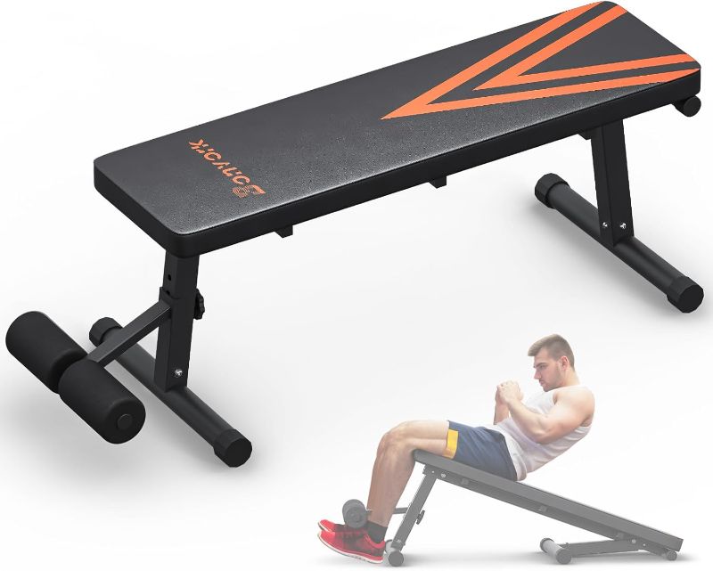 Photo 1 of 2 In 1 Adjustable Flat Weight Bench - Bonvork 45.3'' Extended Foldable Flat Bench for Home Gym,750LBS Sit Up Bench with 18'' Widened Base,Strength Training Workout Bench Press for Full Body Exercise
