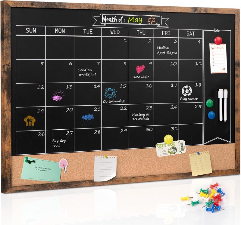 Photo 1 of Board2by Monthly Chalkboard Calendar & Cork board for Wall, 24" x 36" Magnetic Chalk Calendar Board Combo Board, Large Wall Mounted Combination Board Blackboard for Office, Kitchen, School, Home
