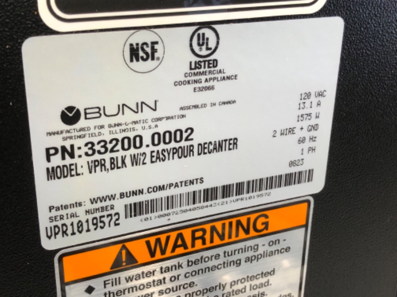 Photo 10 of ***USED - DAMAGED - UNTESTED - SEE COMMENTS***
 BUNN 33200.0015 VPR-2GD 12-Cup Pourover Commercial Coffee Brewer with Upper and Lower Warmers and Two Glass Decanters, Black, Stainless, Standard