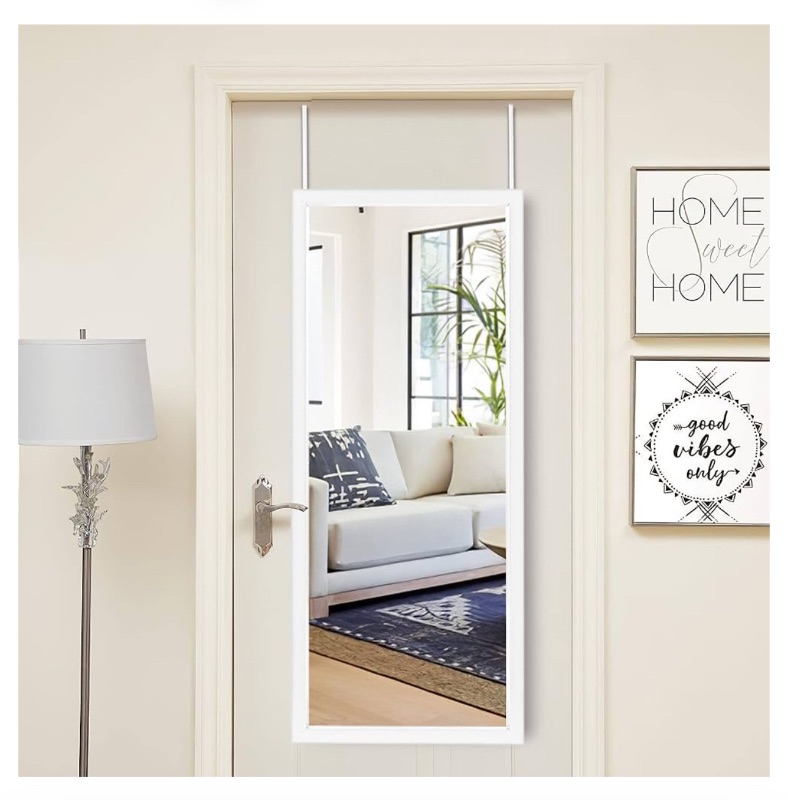 Photo 1 of *FRAME DAMAGE** NeuType 43"x18" Over The Door Full Length Mirror, Door Wall Mirror, Wall Mount Over The Door Hanging Mirror with 2 Metal Hangers for Wall Bedroom, Bathroom, Living Room, Home Decoration (White)