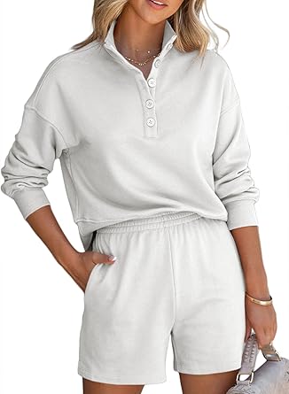 Photo 1 of Aleumdr Women 2 Piece Outfits Sweatsuit Fashion Long Sleeve V Neck Button Down Pullover and Shorts Set with Pockets large