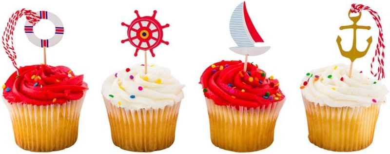 Photo 1 of  Top Cake Inch Nautical Cake Toppers 24 Piece Assorted Nautical Cupcake Toppers - For Kids' Parties Or Baby Showers Ocean Sailing Theme Decorations Paper Nautical Birthday Cake Toppers