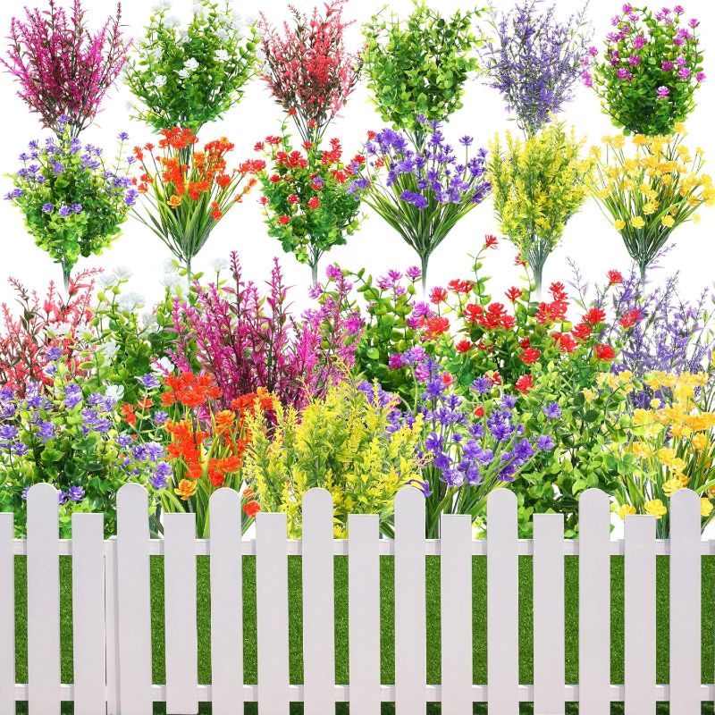 Photo 1 of 24 Bundles Artificial Flowers Outdoor UV Resistant No Fade Fake Plants in Bulk Faux Plastic Shrubs Greenery Plants for Hanging Garden Vase Home Decoration (Vivid Color,Fresh Style)
