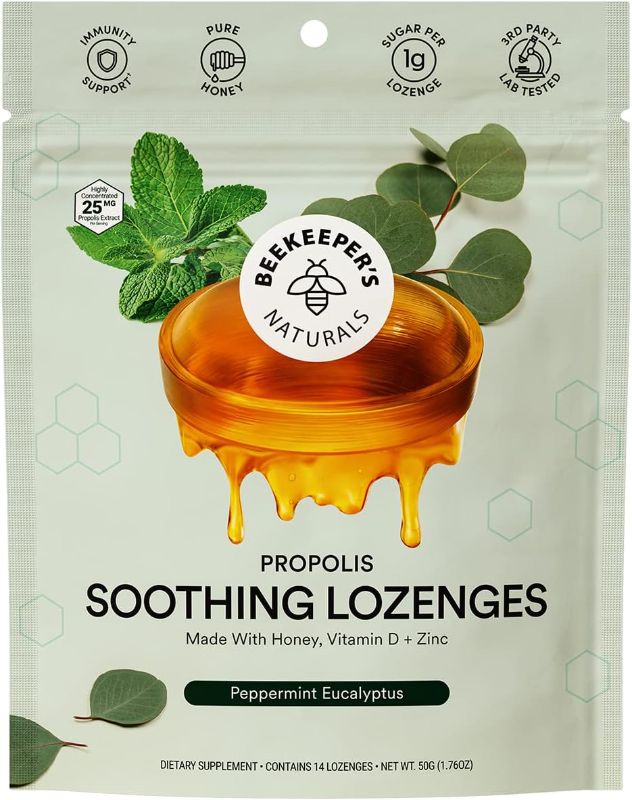 Photo 1 of 1/10/26**Beekeeper's Naturals Soothing Mint Eucalyptus Cough Drops, Immune Support with Vitamin D, Zinc and Propolis, Cooling & Throat Soothing Lozenges, 14 Ct
