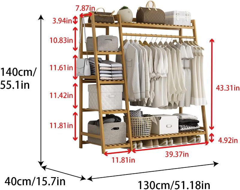 Photo 5 of (READ FULL POST) Baveke Bamboo Clothing Garment Rack 2 Tier Storage Shelf Coat Clothes Hanging Rack, Portable Wardrobe Closet Organizer With Top Shelf, Shoe Storage Shelves for Bedroom (Natural - 39.39 in)