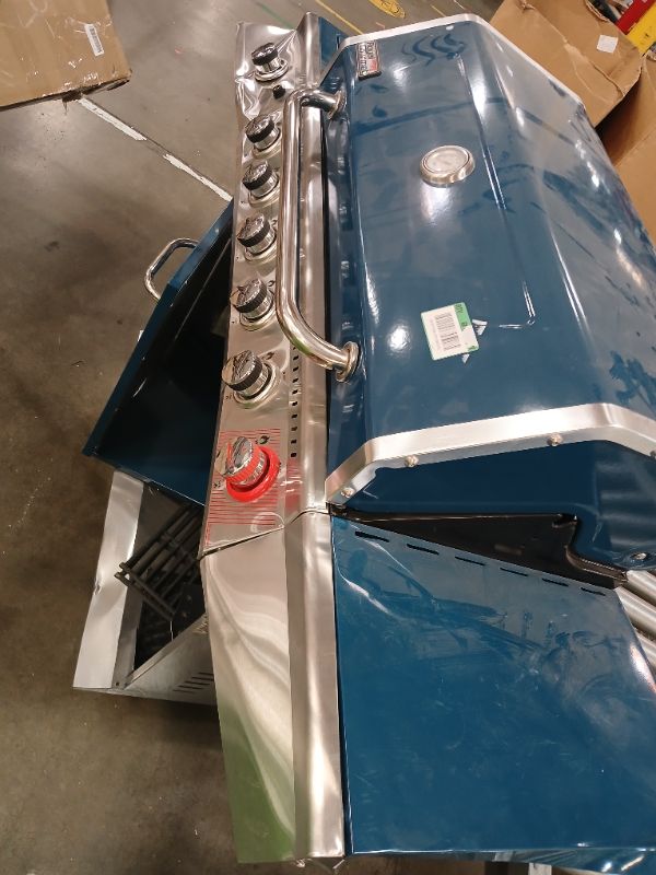 Photo 3 of 6-Burner Propane Gas Grill in Blue with Sear Burner and Side Burner ( a few minor thing wrong. Dents and scratches on one door shown in picture )