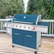 Photo 1 of 6-Burner Propane Gas Grill in Blue with Sear Burner and Side Burner ( a few minor thing wrong. Dents and scratches on one door shown in picture )