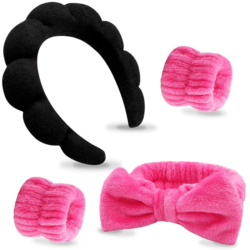 Photo 1 of * SET OF 2* VELSCRUN 4 Pcs Spa Headband, Face Wash Headband, Skincare Headbands, Makeup Headband, Black Rose Red Puffy Sponge Hair Band Bow Tie Bubble Spa Headband Wristband Set Women Girls Hair Accessories
