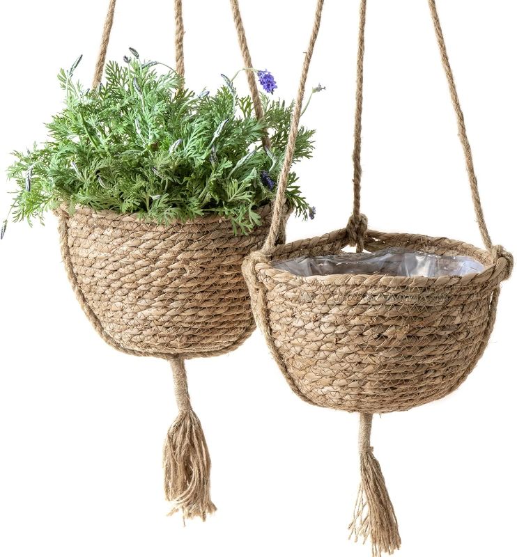 Photo 1 of A JOLIE MUSE Natural Seagrass Hanging Planter Basket Set,Indoor Plant Pots, Boho Decor Plant Pot Cover, 9 (D)*5.5(H) Inch, Pack 2