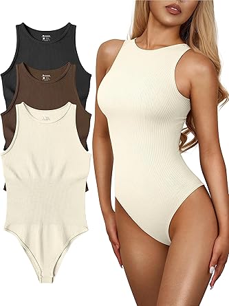 Photo 1 of 
OQQ Women's 3 Piece Bodysuits Sexy Ribbed One Piece Sleeveless Halter Neck Bodysuits S