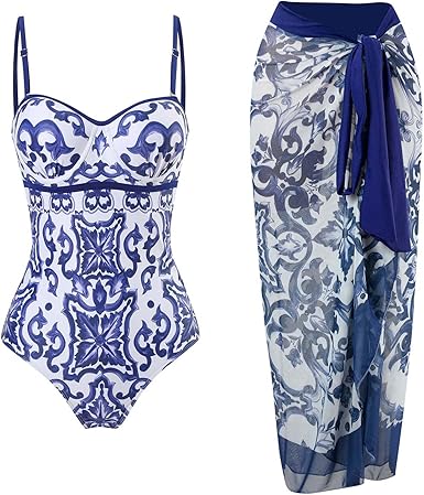 Photo 1 of  Size Womens Bikini Set 2 Piece Boho Vintage Print Halter Tummy Control Strappy Swimsuits with Bikini Maxi Wrap Skirt Blue Flower MEDIUM