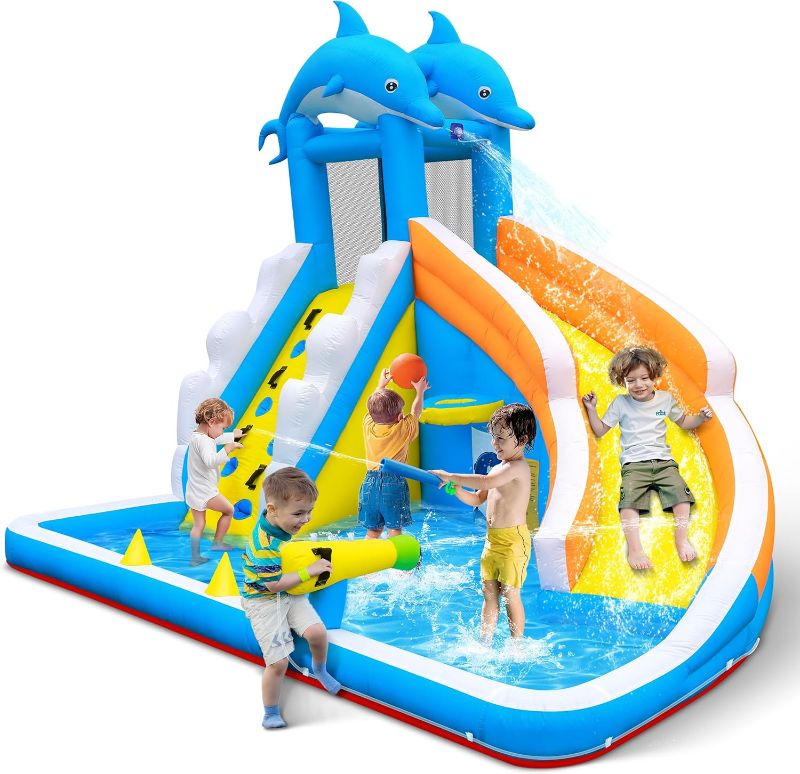 Photo 1 of **MISSING PARTS READ NOTES**
Inflatable Water Slide,5 in 1 Dolphin Inflatable Bounce House for Kids- Climbing Wall Splash Pool Water Cannon Basketball Rim - 480W Blower - for Indoor...
