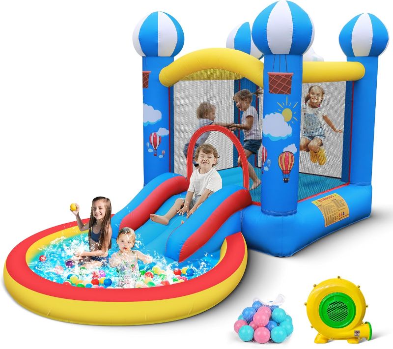 Photo 1 of **SIMILAR TO STOCK PHOTO** Inflatable Bounce House: 4 in 1 Bouncy Castle with Ball Pit & Slide for Kids Age 3-8 with 370 Watt Blower and Storage Bag for Indoor Outdoor Play Oxford Cloth