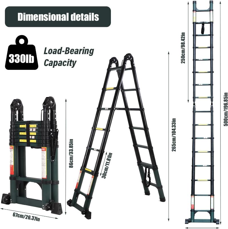 Photo 4 of 16.5FT Telescoping Ladder A-Frame Aluminum Extension Ladders with Tool Platform and Moverable Wheels,Multi-Purpose Collapsible Ladder for Household Or RV Outdoor Work,Duty330lbs?Dark Green? 16.5FT A-frame