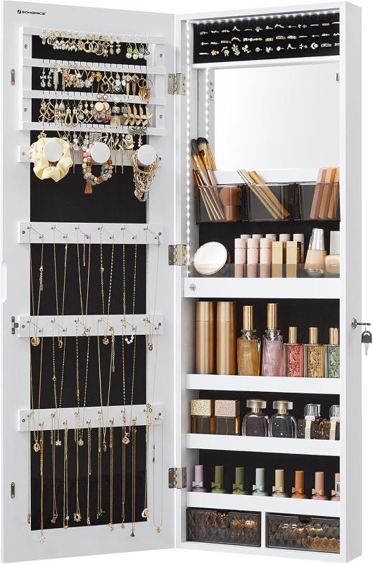 Photo 1 of ***MAJOR DAMAGE - SPLITTING APART - SEE PICTURES***
SONGMICS Mirror Jewelry Cabinet Armoire Organizer, Wall or Door Mount Storage Cabinet with Full-Length Frameless Lighted Mirror, Built-in Makeup Mirror, 2 Drawers, Lockable, White UJJC013W01