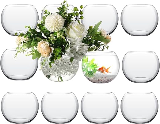 Photo 1 of 12 Pcs Bubble Bowl Vase Centerpiece 6''W x 5''H Round Glass Flower Vase Bulk Clear Fish Bowl with Clear Water Gel Beads, Glass Candle Holders Terrarium Bowl for Wedding Floral Centerpiece Home Decor