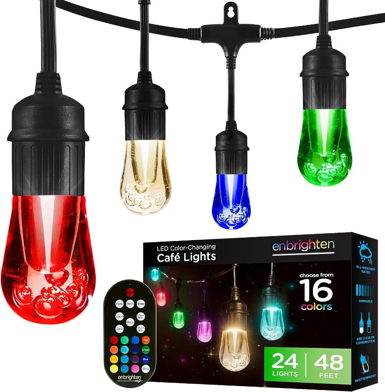 Photo 1 of ***USED AND DIRTY - MISSING REMOTE - UNABLE TO TEST***
Enbrighten Premium Color Changing String Lights, 48ft Black Cord, 24 Shatterproof Acrylic Bulbs, Weatherproof, Remote Control, Dimmable RGB LED, Outdoor String Lights, 37790