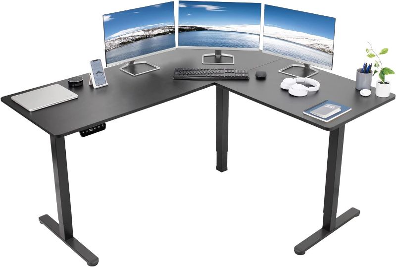 Photo 1 of ****MISSING INSTRUCTIONS6****Electric Height Adjustable 63 x 55 inch Corner Stand Up Desk, Black Table Top, Black Frame, L-Shaped Standing Workstation, 3CT Series, DESK-E3CTB