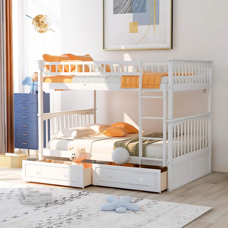 Photo 1 of **partial set** Full-Over-Full Bunk Bed, Solid Wood Full Size Bunk Bed with Two Storage Drawers, Convertible Bunk Bed Can be Converted Into Two Full Size Daybeds (White)