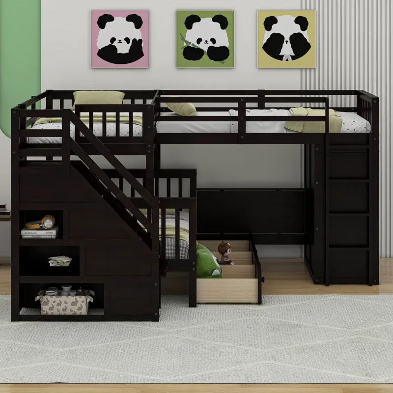 Photo 1 of **partial set** Kids Twin-Twin over Full L-Shaped Bunk Bed With 3 Drawers, Portable Desk and Wardrobe