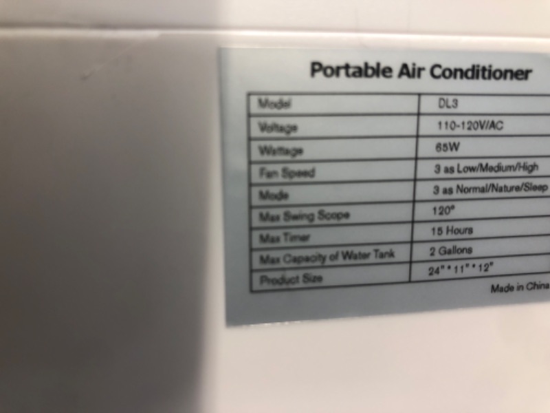 Photo 3 of ***USED - DIRTY - NO PACKAGING - MISSING ALL ACCESSORIES - SEE PICTURES - UNABLE TO TEST***
Windowless Portable Air Conditioner, 15H Timer & 120°Oscillation, 3-IN-1 Portable AC Unit with Remote, 2-Gal Tank, 3 Modes & 3 Speeds, Ultra-Quiet 24" Ventless Swa