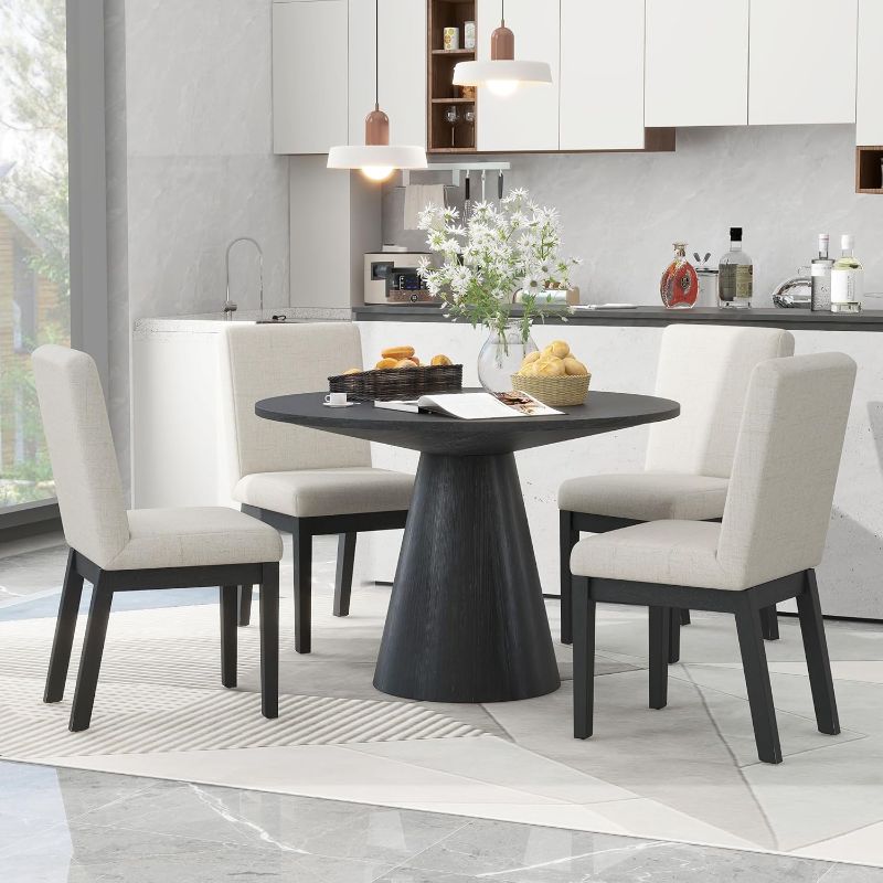 Photo 1 of ****THIS ONLY INCLUDES THE TABLE********5 Piece Dining Set, Retro Round Table with 4 Upholstered Chairs, Suitable for Living Room, Dining Room (Black)