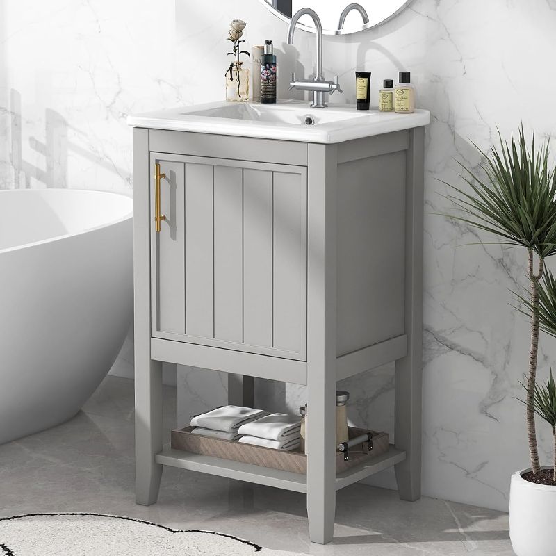 Photo 1 of 20" Bathroom Vanity with Sink Combo, Modern Bathroom Storage Cabinet with Ceramic Sink Free Standing Single Basin Vanity with Soft Closing Door, Storage Rack and Open Shelf, Grey
