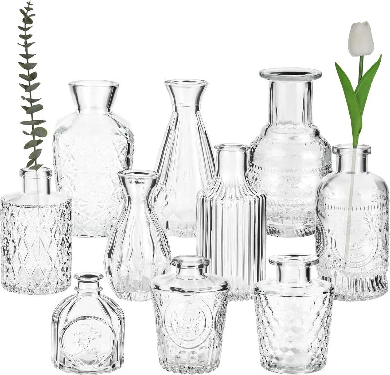 Photo 1 of (READ FULL POST) hanmir Glass Bud Vases Set of 10,Clear Bud Vases in Bulk,Vase for Flowers,Small Vases for Centerpieces,Vintage Glass Bottles for Wedding Home Table Decor
