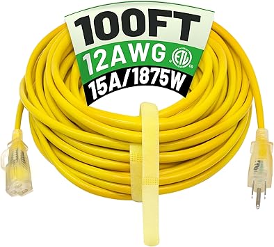 Photo 1 of 100 ft 12/3 Outdoor Extension Cord Waterproof Heavy Duty with Lighted Indicator End 12 Gauge 3 Prong, Flexible Cold-Resistant Long Power Cord Outside, 15Amp 1875W SJTW Yellow ETL Listed
