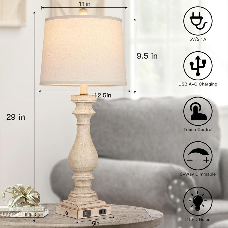 Photo 4 of (READ FULL POST) Cinkeda 29" Tall Table Lamp for Living Room Set of 2,Vintage Bedside Nightstand Lamps with USB C+A Ports & AC Outlet,3-Way Dimmable Touch Control White Washed Finish Desk Lamp for Bedroom,Color 2