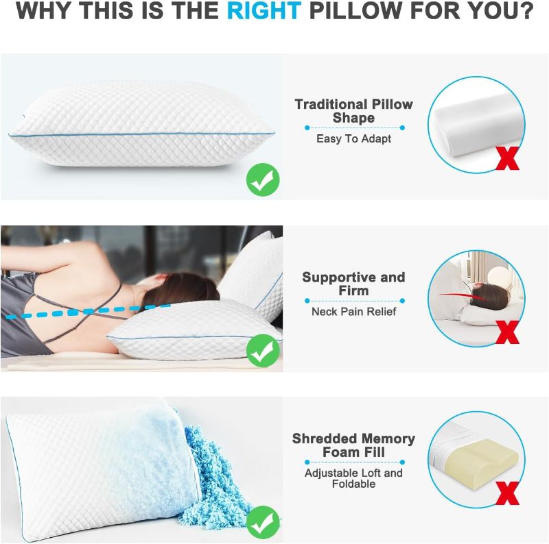 Photo 3 of (READ FULL POST) Cooling Bed Pillows Queen Size SINGLE Shredded Memory Foam Pillows Cool Cold Pillow for Side Back Stomach Sleepers, Gel Pillow Adjustable Firm Pillows Soft Pillows for Sleeping 20x30 Pillow White
