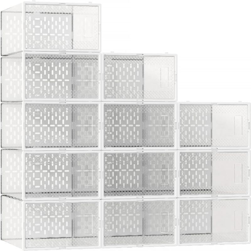 Photo 1 of 12 Pack XLarge Shoe Organizer Storage Boxes for Closet, Modular Space Saving Shoe Boxes Clear Plastic Stackable Sneaker Containers Display Case with Lids, White