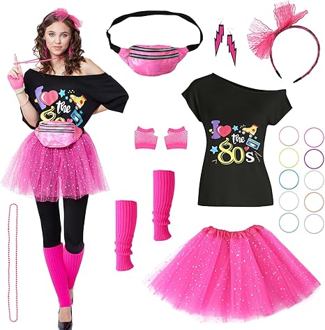 Photo 1 of 80s Outfits Costume Accessories for Women- 80s T-shirt, 80s Fanny Pack, Tutu Skirt for Halloween Cosplay Retro Theme Party