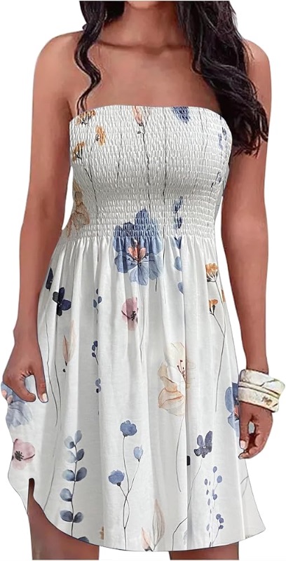 Photo 1 of Summer Dress for Women Beach Floral Cover Ups Spaghetti Strap Sundress Smocked Strapless A-Line Mini Dresses M