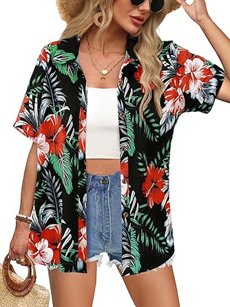 Photo 1 of **ITEM IS DIFFERENT FROM STOCK PHOTO** Large Women's Hawaiian Shirts Short Sleeve Button Down Soft Cool Floral Tropic Print Casual Blouse Tops