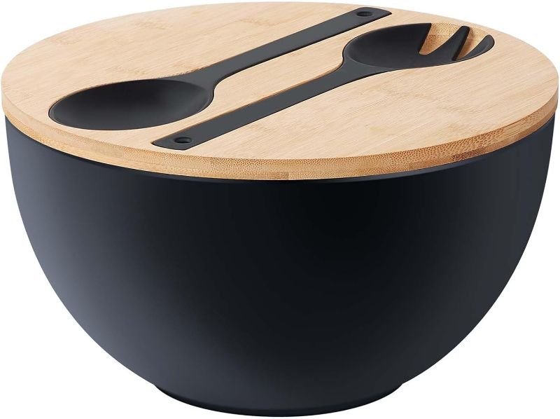 Photo 1 of 11.3" Extra Large Salad Bowl with Wooden Lid & Servers, 208Oz, Oversized Bamboo Fiber Salad Serving Set with Utensils for Home/Kitchen, Big Lightweight Bowl for Mixing Salad,Fruit,Pasta - Matte Black
