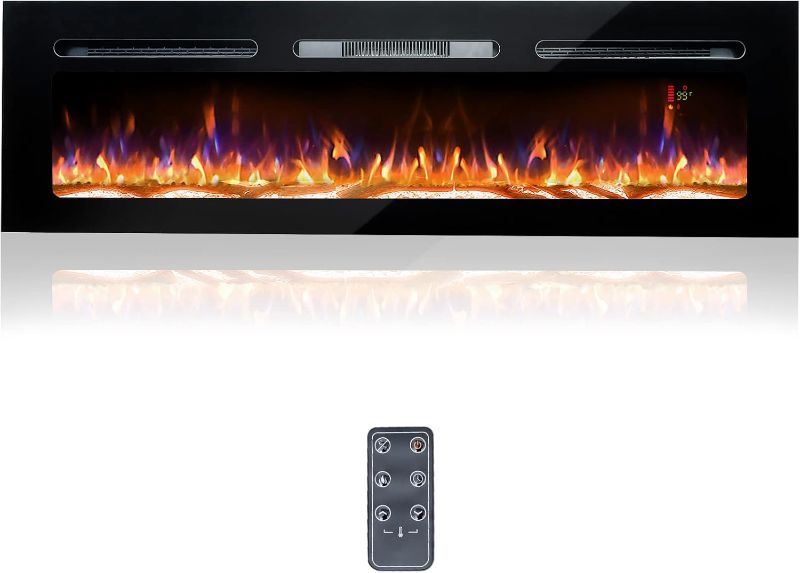 Photo 1 of 60 Electric Fireplace, Recessed & Wall Mounted Electrical Fireplace with Bracket, Ultra Thin, Low Noise, Remote Control, Timer, Logset & Crystal, Adjustable Flame Color, 1500W, Black