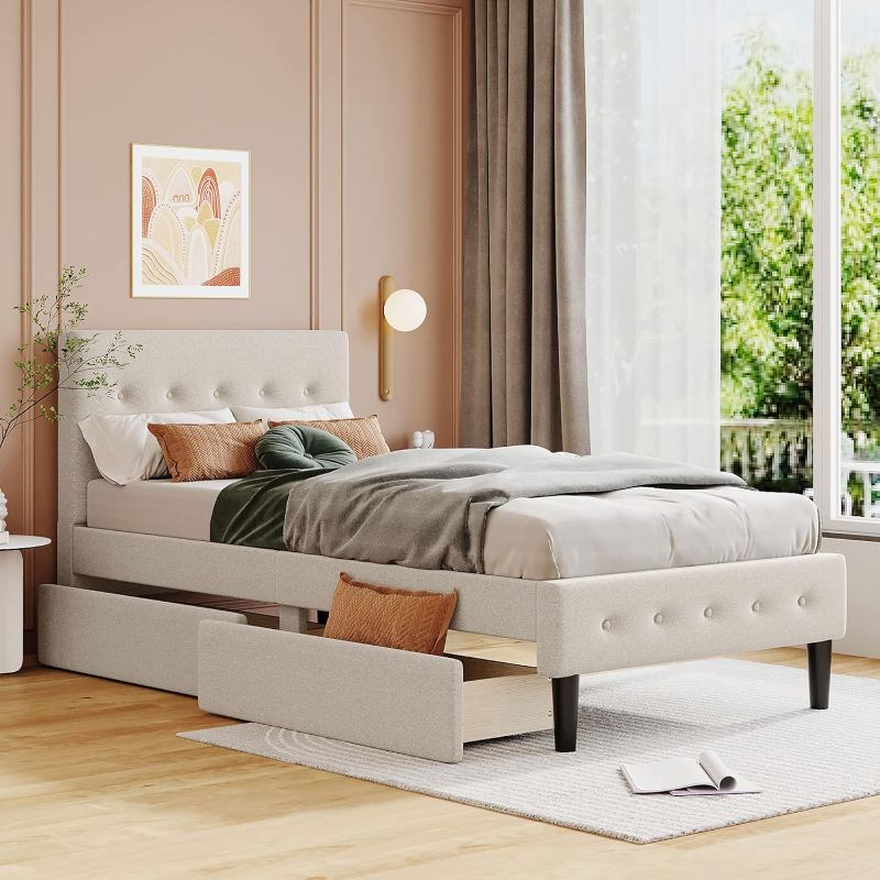 Photo 1 of 
MERITLINE Twin Upholstered Platform Bed Frame, Beige, 2 Drawers Storage, Wooden Material, No Box Spring Needed